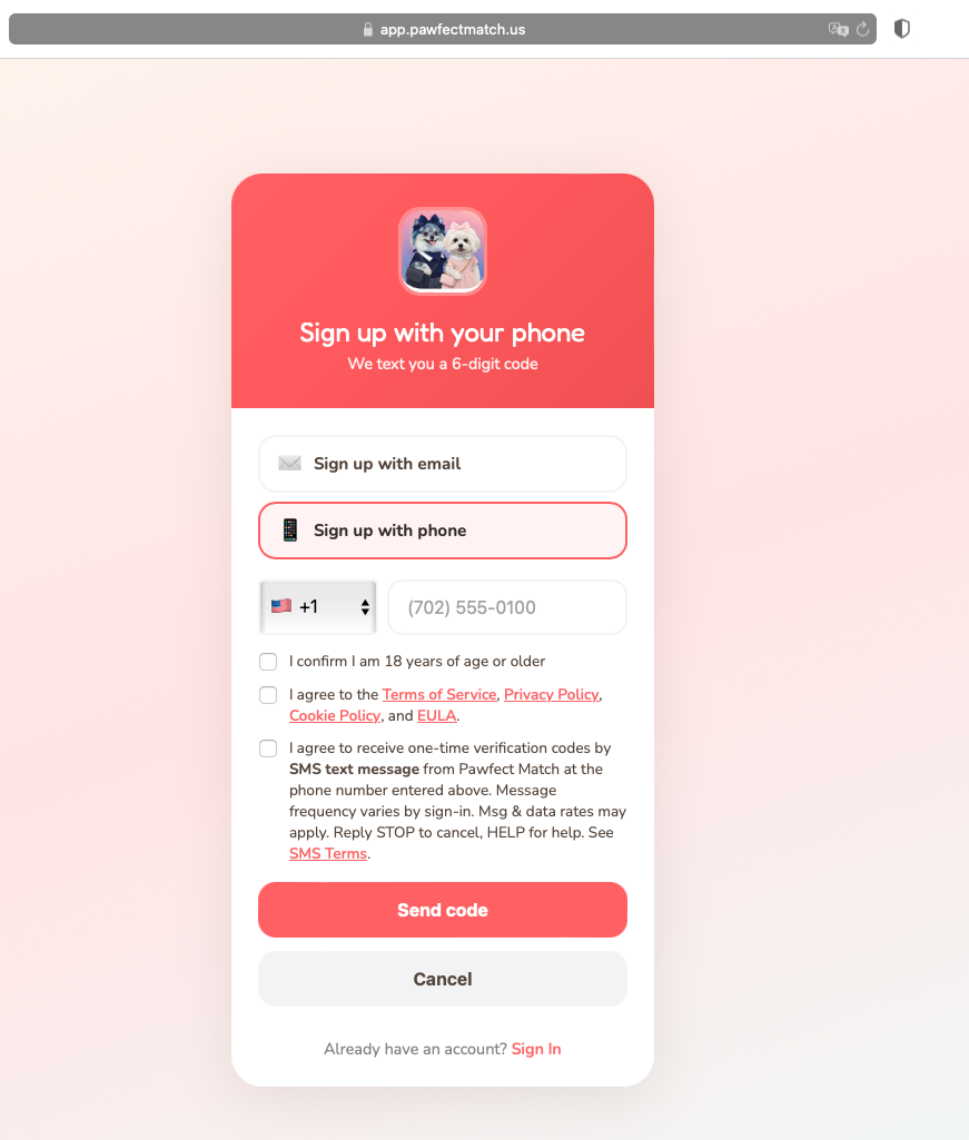 Pawfect Match phone sign-up screen: a country-code selector and mobile number field, then three unchecked checkboxes -- age confirmation, agreement to the Terms of Service, Privacy Policy, Cookie Policy and EULA, and a separate standalone consent to receive one-time verification codes by SMS -- above the Send code button.